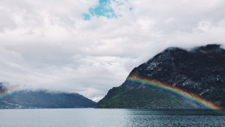 Rainbow near the fjord village Balestrand.